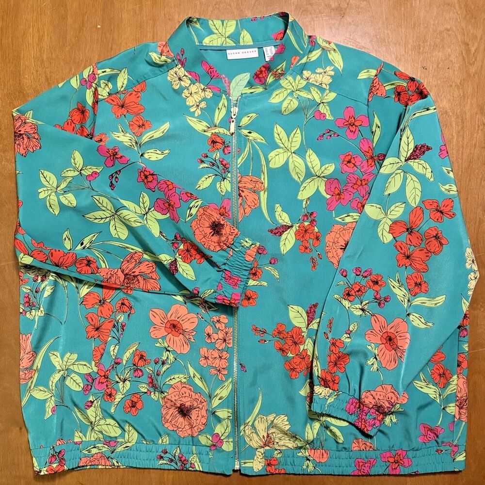 Susan Graver Women’s 2X Green/Teal Floral Lightweight Floral Zip Up Jacket NWOT